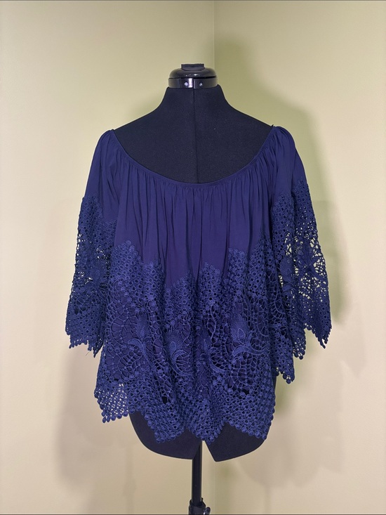 Rhapsody Tops - Rhapsody Navy Crochet Lace Off-Shoulder Women’s Top